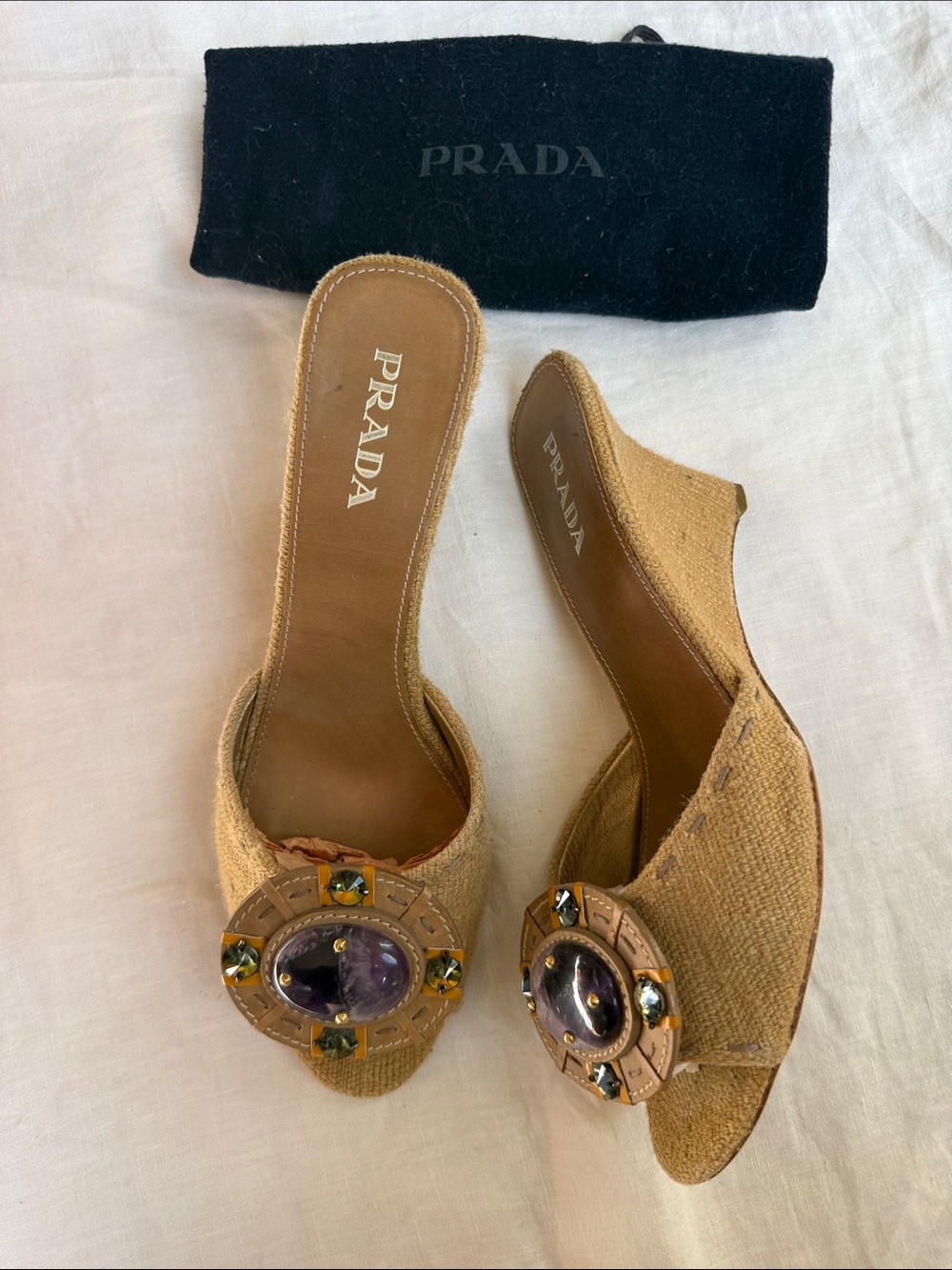Vintage Prada Tan Embellished Wedges Sandals with Purple Stones - Picture 2 of 5
